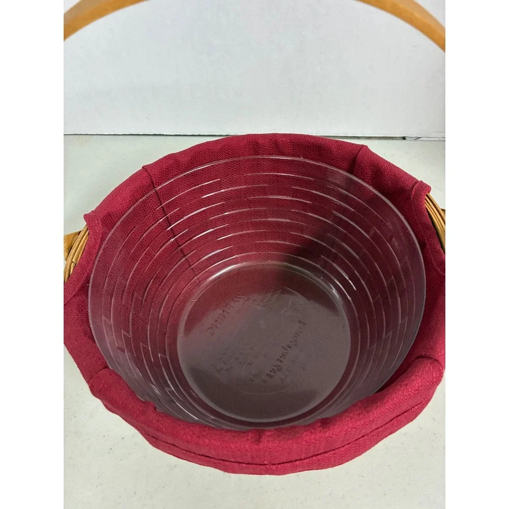 Longaberger 2009 Handmade Round Basket Red Liner Plastic Protector Swing Handle
